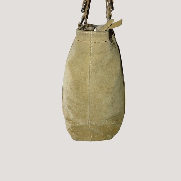 Coach Leatherware Suede Beaded Stripe Beige Tote Bag Dual Handles Zipper Closure - Picture 13 of 14